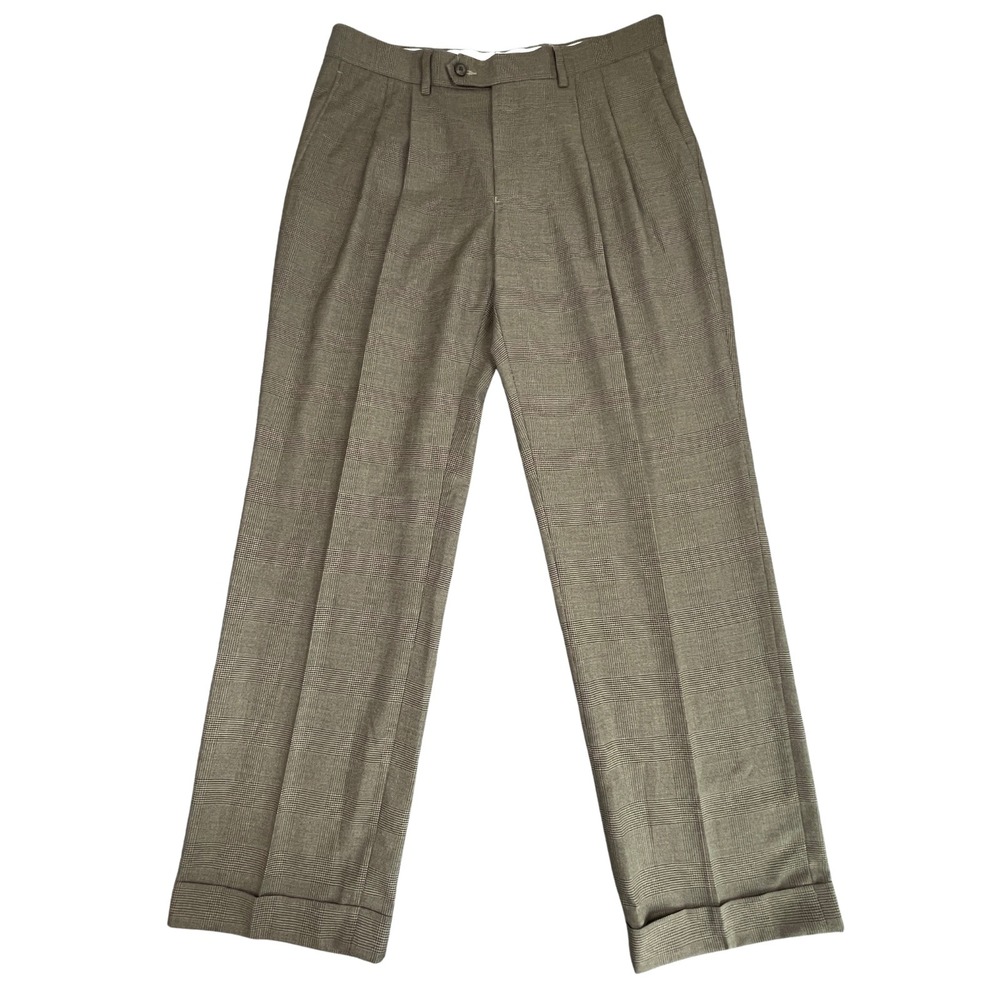 Ralph Lauren Mens 33x30 Brown Glen Plaid Pleated Classic Fit Dress Pants Cuffed